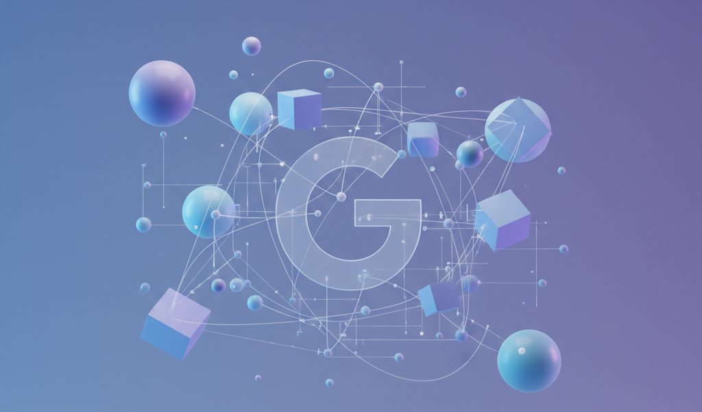 Representação visual da inteligência artificial impactando o ranqueamento do Google, com elementos 3D abstratos e fluxo de dados.